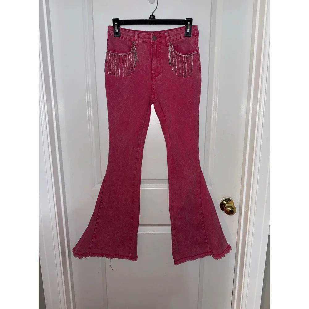 Ladies Blue B Collection Pink Denim Rhinestone Accent Pockets Bell Bottom Size S